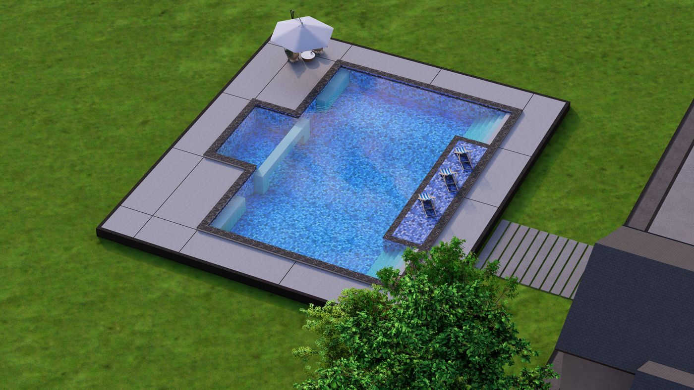 Aerial design rendering of a geometric pool and patio layout