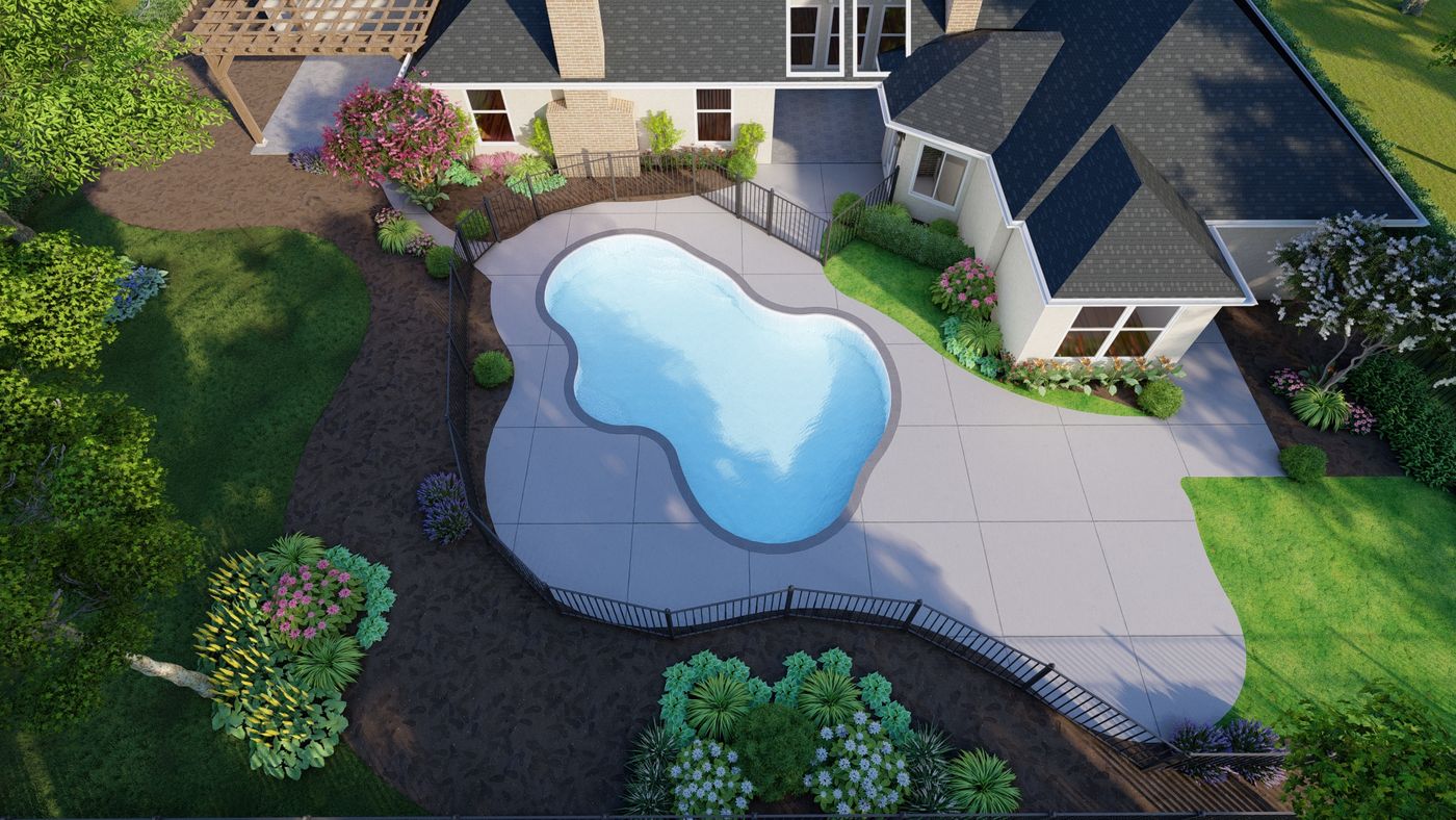 Three dimensional design rendering of a backyard with pool, patio and planting beds